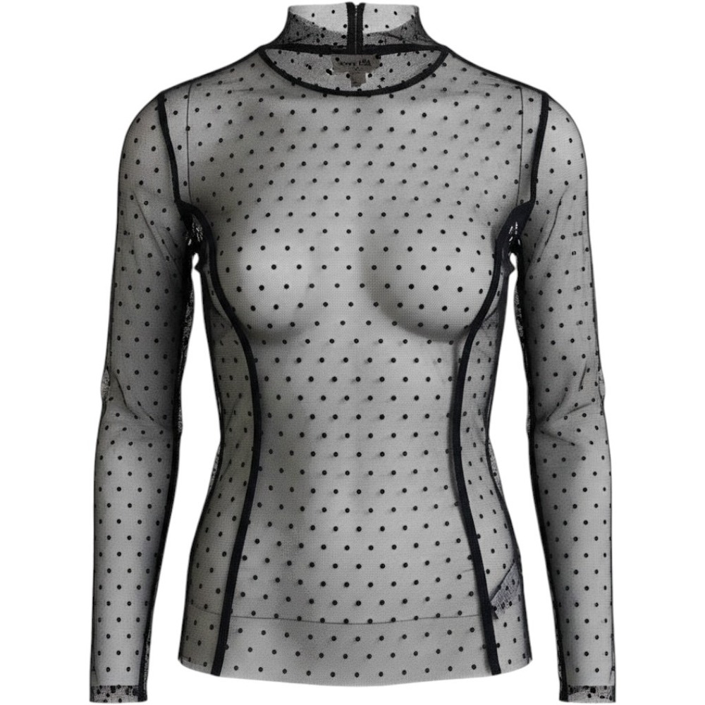 Open Edit Womens Sheer Black Lace Top Size XS Long Sleeve Mock Neck Layering